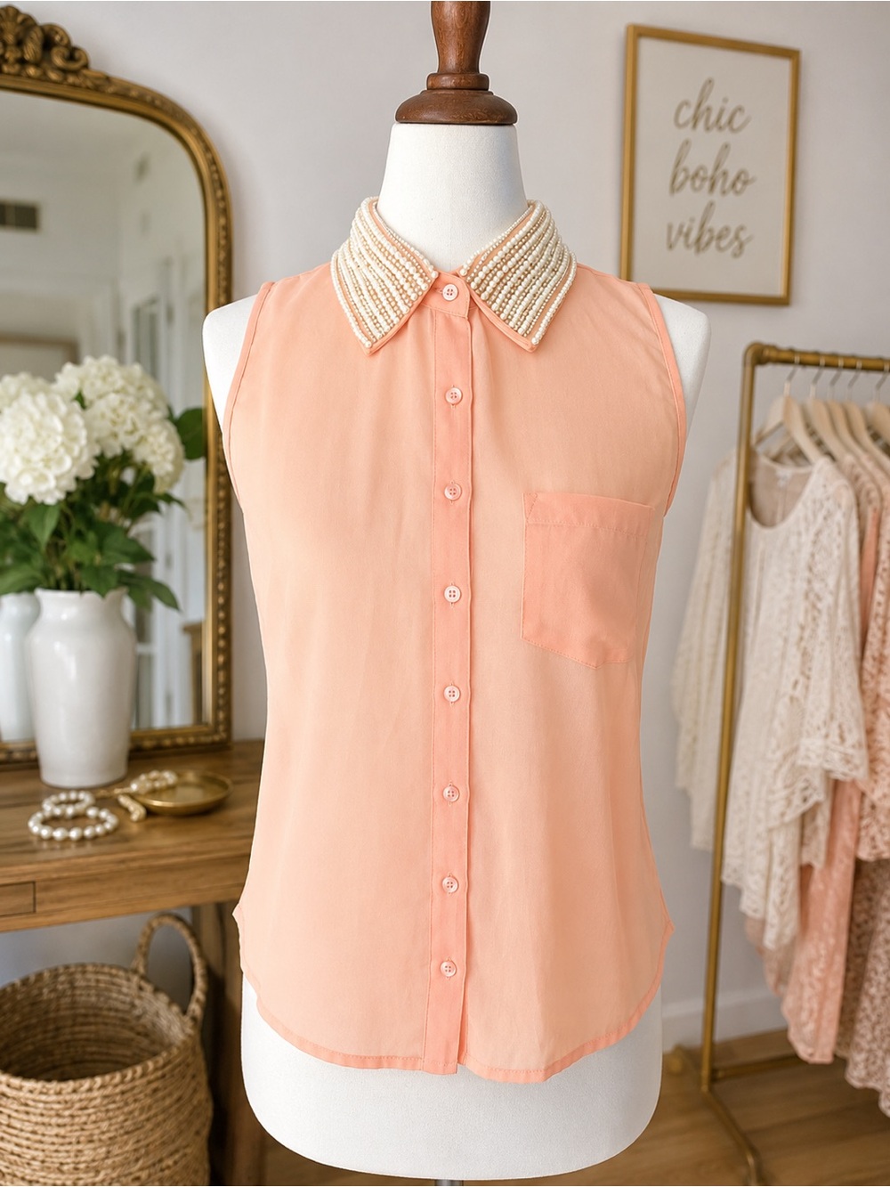 VINTAGE Pearl-Embellished Sheer Sleeveless Blouse‎. Medium. EUC